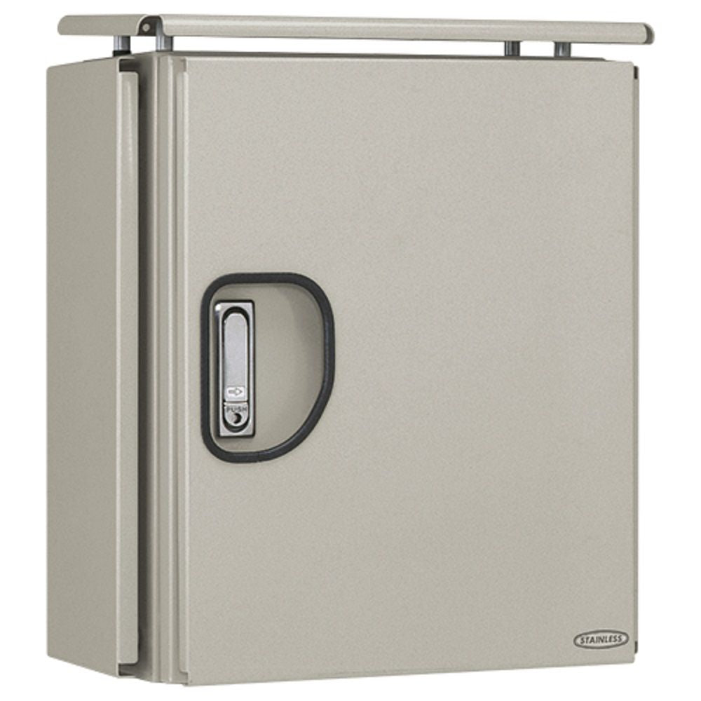 ステンレス屋外用熱対策制御盤キャビネット 遮光板付 片扉 鉄製基板付 横380×縦447×深240 SR20-34DA