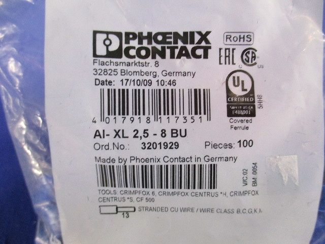 スリーブ付棒端子 フェルール 青色 100個入 AI-XL2.5-8BU-100