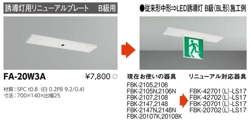 LED誘導灯用 リニューアルプレート 天井直付用 従来形中形~B級(BL形)用 FA-20W3A