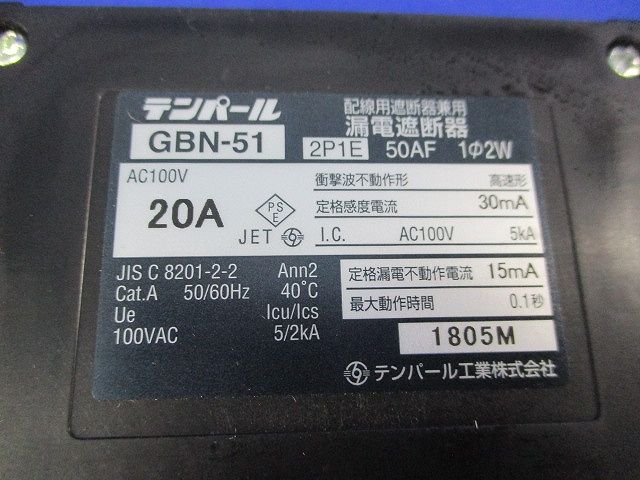 漏電遮断器2P1E20A GBN-51