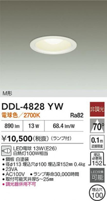 LEDダウンライト φ100 2700K 電球色 非調光 DDL-4828YW