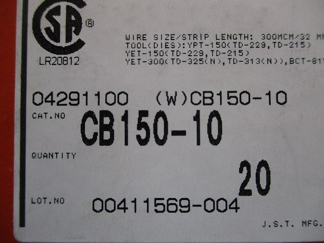 低圧開閉器用裸圧着端子 20個入 CB150-10-20