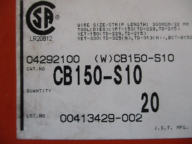 低圧開閉器用裸圧着端子 20個入 CB150-S10-20