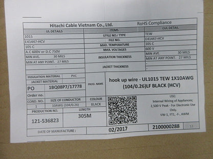 UL規格耐熱ビニル電線305m 1015TEW1×10AWG