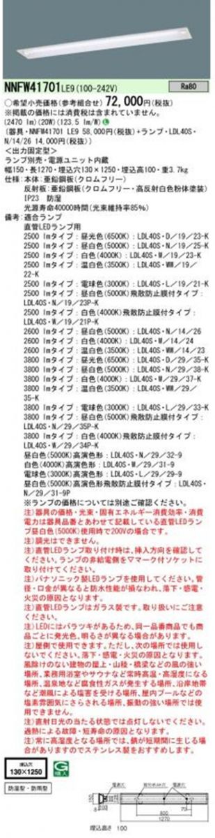 LEDベースライト 本体のみ 直管ランプ別売 NNFW41701LE9