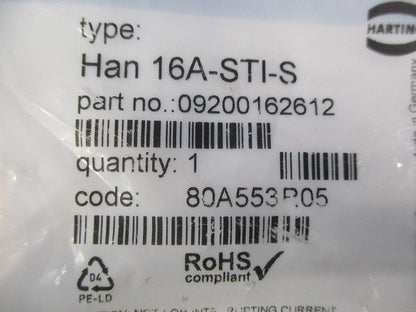 角形コネクタ用インサート Han 16A-STI-S