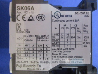 電磁開閉器 200V 1.1-1.65A 1ｂ SK06AW-201K1P1