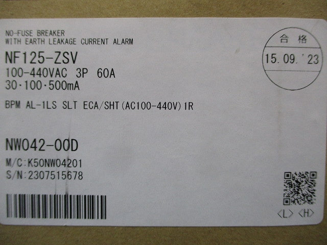 漏電アラーム遮断器 3P60A 100-440VAC NF125-ZSV3P60A