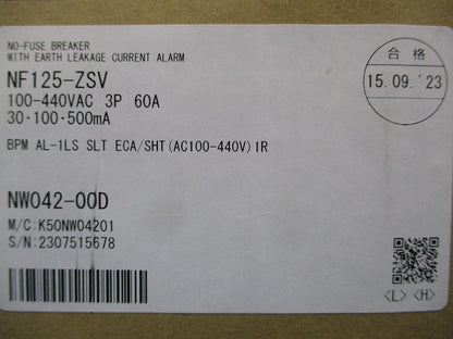 漏電アラーム遮断器 3P60A 100-440VAC NF125-ZSV3P60A