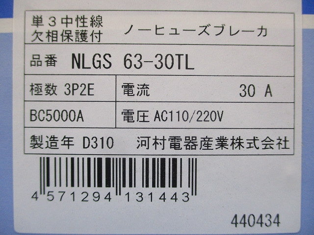 ノーヒューズブレーカ 単3中性線欠相保護付 3P2E30A AC110/220V NLGS63-30TL
