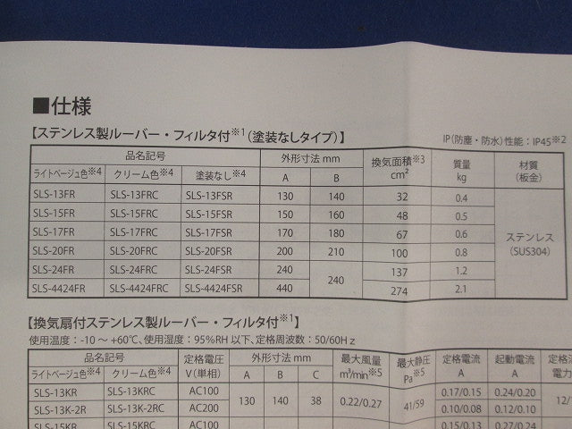 ステンレス製ルーバー (フィルタ付) SLS-24FRC