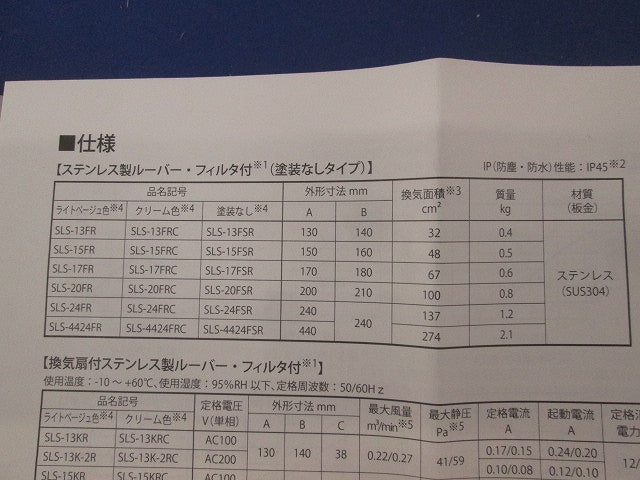 ステンレス製ルーバー (フィルタ付) SLS-24FRC
