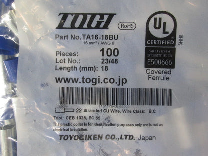 フェルール 棒端子 青 100個入 TA16-18BU-100