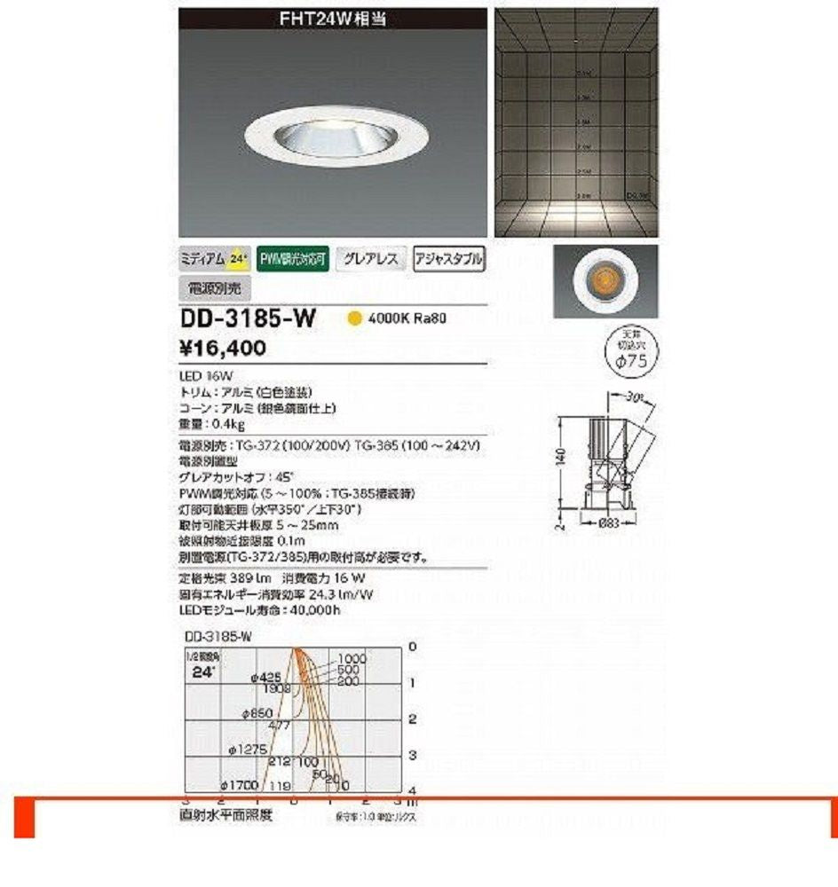 LEDダウンライト 取付穴φ75mm 埋込高140mm 白色 電源別売 ホワイト DD-3185-W