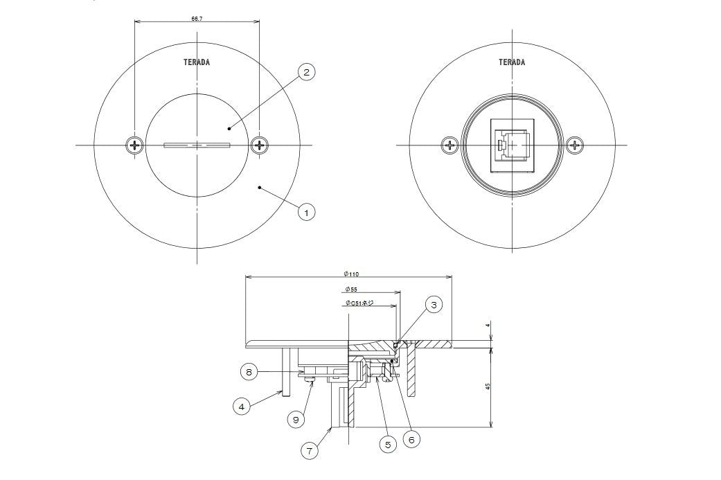 コンセント付プレート P=66.7 シルバー φ105 CAT5Eモジュラジャック×1 TFL66793