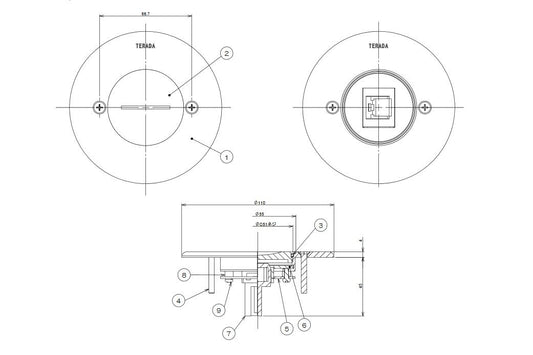 コンセント付プレート P=66.7 シルバー φ105 CAT5Eモジュラジャック×1 TFL66793